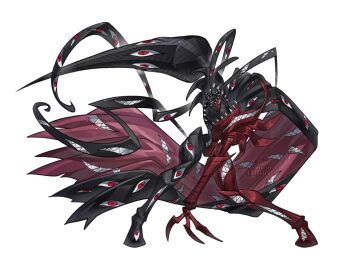 abbadomon abbadomon_core arm_blade black_cape black_skin cape colored_skin confeito000_333 digimon digimon_(creature) extra_eyes extra_mouth grey_background highres lance multicolored_skin polearm red_cape red_eyes red_skin sharp_teeth simple_background teeth two-sided_cape two-sided_fabric two-tone_skin weapon