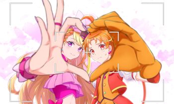 1boy 1girl ahoge blonde_hair braid commentary_request cure_butterfly cure_wing earrings embarrassed gloves hair_ornament hat heart heart_hands heart_hands_duo highres hijiri_ageha hirogaru_sky!_precure jewelry kyoutsuugengo light_blush long_hair looking_at_viewer magical_boy magical_girl midriff mini_hat mini_top_hat multicolored_hair nail_polish orange_gloves orange_hair pink_nails pink_wrist_cuffs precure puffy_short_sleeves puffy_sleeves purple_eyes red_eyes ring short_sleeves smile top_hat very_long_hair viewfinder wrist_cuffs yuunagi_tsubasa
