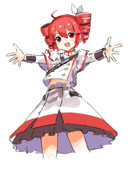 Rule 34 | ahoge, belt, black belt, black skirt, bow, buttons, cropped legs, double-breasted, drill hair, grey jacket, grey skirt, hair between eyes, hair bow, hair ribbon, highres, incoming hug, jacket, kasane teto, kasane teto (sv), layered skirt, layered sleeves, looking at viewer, midriff peek, mp777b, red eyes, red hair, red skirt, red trim, ribbon, shoulder belt, simple background, skirt, synthesizer v, twin drills, utau, white background, white bow, white ribbon