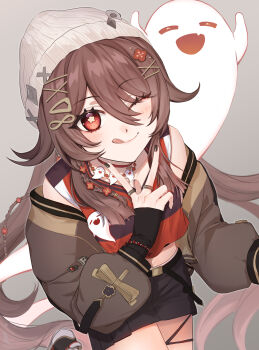 1girl :q absurdres beanie black_gloves black_nails black_shoes black_skirt blush boo_tao_(genshin_impact) bracelet braid brown_hair brown_jacket choker commentary_request cowboy_shot feet_out_of_frame fingerless_gloves flower-shaped_pupils genshin_impact ghost gloves grey_background hair_ornament hand_up hat highres hu_tao_(galaxy_store)_(genshin_impact) hu_tao_(genshin_impact) jacket jewelry long_hair long_sleeves looking_at_viewer necklace official_alternate_costume one_eye_closed open_clothes open_jacket red_choker red_eyes red_shirt shirt shoes simple_background skirt sleeveless sleeveless_shirt smile sneakers solo sushi_171 symbol-shaped_pupils tongue tongue_out twintails v white_hat x_hair_ornament