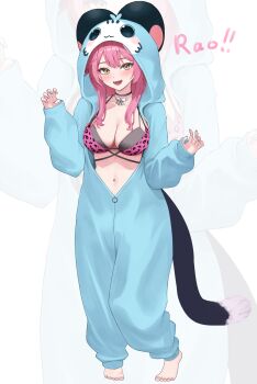 1girl 4kebidayo absurdres animal_costume animal_print barefoot bikini black_choker blue_hood blush bow_necklace breasts chattino_(raora_panthera) choker claw_pose cleavage collarbone commentary cosplay fangs fingernails highres hololive hololive_english jewelry kigurumi large_breasts leopard_print leopard_print_bikini long_hair long_sleeves looking_at_viewer multicolored_hair nail_polish navel necklace open_mouth partially_unzipped pink_bikini pink_hair print_bikini raora_panthera sleeves_past_wrists smile stomach streaked_hair swimsuit teeth virtual_youtuber white_background yellow_eyes zoom_layer