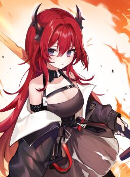 Rule 34 | 1girl, absurdres, arknights, armband, bare shoulders, black dress, black jacket, breasts, chest strap, cleavage, commentary, demon girl, demon horns, dress, hair between eyes, hair intakes, highres, horns, infection monitor (arknights), jacket, korean commentary, long hair, long sleeves, looking at viewer, medium breasts, off shoulder, purple eyes, red hair, simple background, solo, surtr (arknights), sword, very long hair, weapon, white background, yam (dr yammy)