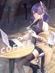 Rule 34 | armpit crease, bare shoulders, belt, black footwear, black thighhighs, breasts, brown belt, brown coat, cafe, coat, coffee, coffee cup, computer, cup, disposable cup, dress, earrings, electro symbol (genshin impact), foot out of frame, genshin impact, hair ornament, highres, holding, holding cup, huangquan (yumi 37948746), jewelry, laptop, long hair, medium breasts, off-shoulder coat, off shoulder, on chair, purple eyes, purple hair, raiden shogun, sitting, thighhighs, turtleneck, turtleneck dress, very long hair