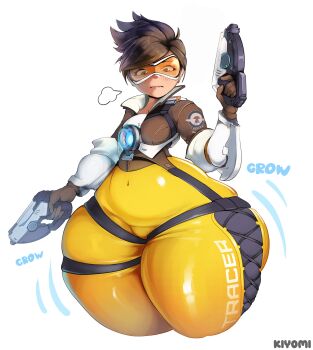 1girl absurdres alternate_size artist_name brown_eyes brown_hair commentary dual_wielding english_commentary goggles gun handgun highres holding holding_gun holding_weapon kiyomi_draws orange-tinted_eyewear overwatch short_hair simple_background solo sound_effects thick_thighs thighs tinted_eyewear tracer_(overwatch) weapon white_background wide_hips