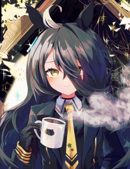 Rule 34 | 1girl, ahoge, animal ears, black choker, black coat, black gloves, black hair, black shirt, choker, closed mouth, coat, coffee, coffee mug, collared shirt, commentary, cup, ear tag, earrings, english commentary, gloves, hair between eyes, highres, horse ears, horse girl, jewelry, long bangs, long hair, long hair between eyes, long sleeves, looking at viewer, manhattan cafe (creeping shadow) (umamusume), manhattan cafe (umamusume), mug, multicolored hair, necktie, pochaimo, shirt, single earring, solo, steaming cup, umamusume, upper body, very long hair, white hair, yellow eyes, yellow necktie