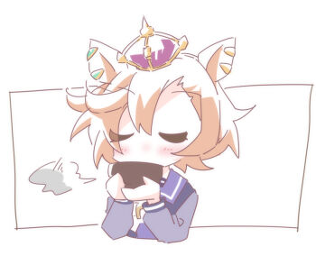 1girl animal_ears beer_hsk blush bow bowl brown_hair closed_eyes commentary_request cropped_torso crown facing_viewer hair_between_eyes hands_up holding holding_bowl horse_ears long_sleeves mini_crown puffy_long_sleeves puffy_sleeves purple_shirt school_uniform shirt simple_background solo t.m._opera_o_(umamusume) tracen_school_uniform umamusume upper_body white_background white_bow