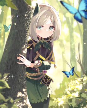1boy aromage_laurel behind_tree bishounen blonde_hair blue_butterfly blue_eyes bow bowtie branch brown_capelet bug bush butterfly capelet dappled_sunlight duel_monster eyes_visible_through_hair facing_to_the_side gold_trim green_bow green_bowtie green_shorts green_tunic hiding highres insect light_particles looking_at_viewer male_focus outdoors parted_hair rope shorts sleeves_rolled_up sparkle sunlight trap tree tunic winegrapeivy yu-gi-oh!