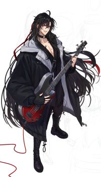 1boy ahoge alternate_costume black_boots black_choker black_coat black_gloves black_hair black_nails black_pants black_shirt boots cable choker coat collarbone commentary contemporary electric_guitar english_commentary fingerless_gloves full_body ganen_cheese gloves grey_eyes grin guitar hair_between_eyes hair_down hair_ribbon half_updo highres holding holding_guitar holding_instrument instrument jewelry long_hair long_sleeves looking_at_viewer male_focus modao_zushi music nail_polish o-ring o-ring_choker official_alternate_hairstyle open_clothes open_coat pants parted_lips pectoral_cleavage pectorals playing_guitar playing_instrument red_ribbon ribbon shirt shoulder_belt sidelocks simple_background smile solo standing torn_clothes torn_pants very_long_hair wei_wuxian wei_wuxian_(yiling_laozu) white_background zipper