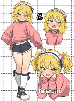 1girl absurdres blonde_hair blush clothing_cutout flower green_eyes hair_flower hair_ornament hairband highres idolmaster idolmaster_cinderella_girls midriff rose sakurai_momoka shoes short_shorts shorts simple_background sneakers stomach_cutout sweater twintails yoshikirino