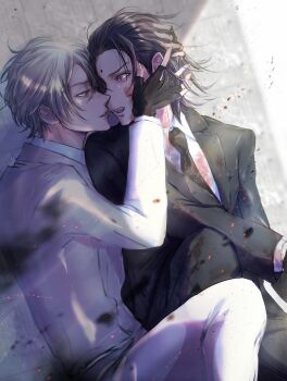 2boys aged_down alternate_hairstyle bindi black_gloves black_hair black_necktie black_suit blonde_hair blood blood_on_clothes blood_on_face blood_splatter blue_eyes collar face-to-face final_fantasy final_fantasy_vii final_fantasy_vii_remake fingerless_gloves formal_clothes gloves hand_on_another's_cheek hand_on_another's_face hand_on_another's_head highres looking_at_another male_focus messy_hair multiple_boys necktie open_mouth parted_lips ponco_pacoooon profile red_eyes rufus_shinra shirt short_hair sitting square_enix suit tseng turks_(ff7) white_shirt white_suit wing_collar yaoi