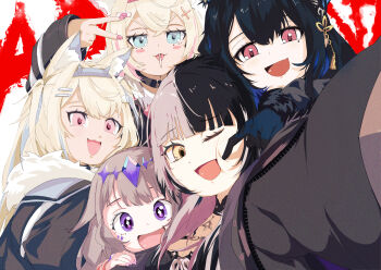absurdres bandaid bandaid_hair_ornament black_hair black_jacket blonde_hair blue_eyes blue_hair blue_streaks byxis cheek_poking colored_inner_hair commentary demon_horns english_commentary fur-trimmed_jacket fur_trim fuwawa_abyssgard fuwawa_abyssgard_(1st_costume) grey_hair hair_ornament hairpin highres holoadvent hololive hololive_english horns jacket jewel_under_eye long_hair looking_at_viewer mococo_abyssgard mococo_abyssgard_(1st_costume) mole mole_under_eye multicolored_hair nail_polish nerissa_ravencroft nerissa_ravencroft_(1st_costume) one_eye_closed open_mouth pink_eyes pink_nails pink_streaks poking purple_eyes red_eyes shiori_novella shiori_novella_(1st_costume) short_hair siblings sisters smile split-color_hair streaked_hair twins very_long_hair virtual_youtuber yellow_eyes