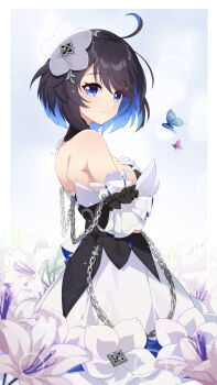 Rule 34 | 1girl, absurdres, ai ke le de xiao hong, backless dress, backless outfit, bare shoulders, black hair, blue butterfly, blue eyes, blue hair, bug, butterfly, chain, closed mouth, colored inner hair, dress, field, flower, flower field, gloves, hair flower, hair ornament, highres, insect, lily (flower), looking at viewer, multicolored hair, pink butterfly, seele vollerei, seele vollerei (stygian nymph), short hair, signature, smile, sparkle, white dress, white gloves