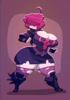 1girl ahoge belt bigdad bracelet breasts cleavage clenched_teeth collar covered_eyes curvy fingerless_gloves fold-over_boots gazlene_membrane gloves goth_fashion hair_over_eyes hand_up huge_breasts invader_zim jacket jewelry legs_apart narrow_waist pale_skin pink_hair purple_jacket purple_thighhighs sharp_teeth simple_background skull_print solo spiked_bracelet spikes standing teeth thick_thighs thighhighs thighs torn_clothes torn_thighhighs wide_hips