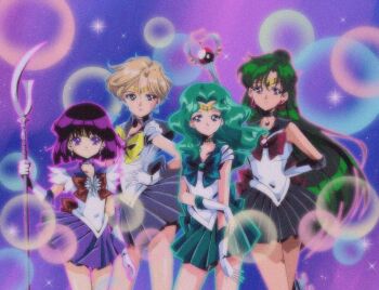 4girls aqua_hair back_bow bishoujo_senshi_sailor_moon black_choker black_hair black_sailor_collar black_skirt blonde_hair blue_bow blue_choker blue_eyes blue_sailor_collar blue_skirt bob_cut bow brooch choker closed_mouth cowboy_shot cure_nico earrings garnet_rod gloves green_choker green_hair green_sailor_collar green_skirt hair_bun heart_wand highres holding holding_polearm holding_staff holding_weapon jewelry kaiou_michiru light_particles long_hair looking_at_viewer medium_hair meiou_setsuna multicolored_background multiple_girls official_style outer_senshi parted_bangs parted_lips pleated_skirt polearm purple_choker purple_eyes purple_sailor_collar purple_skirt red_bow red_eyes sailor_collar sailor_neptune sailor_pluto sailor_saturn sailor_senshi sailor_senshi_uniform sailor_uranus short_hair silence_glaive single_hair_bun skirt smile staff standing star_(symbol) star_brooch star_choker tamegai_katsumi_(style) ten&#039;ou_haruka tomoe_hotaru wavy_hair weapon white_gloves yellow_bow
