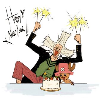 Rule 34 | 0000alisa, 2boys, ^ ^, antlers, arms up, beard, black coat, blue nose, blush, cake, closed eyes, coat, commentary, cross, dr. hiluluk, english commentary, facial hair, food, green vest, happy new year, hat, heart, highres, horns, leg hair, male focus, multiple boys, new year, one piece, open mouth, pink hat, reindeer antlers, smile, tony tony chopper, vest, white background, white hair