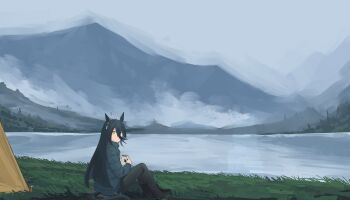 Rule 34 | 1girl, absurdres, ahoge, animal ears, black boots, black hair, black pants, blue coat, boots, coat, coffee mug, cup, ear tag, earrings, grass, hair between eyes, highres, holding, holding cup, horse ears, horse girl, horse tail, jewelry, lake, long bangs, long hair, long hair between eyes, long sleeves, looking at viewer, manhattan cafe (umamusume), mug, multicolored hair, myticalcat, outdoors, pants, puffy coat, single earring, sitting, solo, tail, tent, umamusume, very long hair, water, white hair, yellow eyes