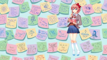 1girl :o balloon bee bird blazer blue_background blue_eyes blue_skirt blush book bow bread bread_slice brown_hair brown_sweater_vest bug button_gap cat character_name cinnamon_roll cloud collared_shirt commentary cookie cow doki_doki_literature_club doki_doki_literature_club doki_doki_literature_club_school_uniform doodle_inset dot_nose double-parted_bangs dress_shirt english_commentary english_text eyebrows_hidden_by_hair food full_body game_cg grey_jacket hair_between_eyes hair_bow heart heart_balloon highres holding holding_notebook holding_pencil insect jacket kneehighs leaning_back legs_together list long_eyelashes long_sleeves looking_up lucidsky mary_janes miniskirt monika_(doki_doki_literature_club) musical_note natsuki_(doki_doki_literature_club) neck_ribbon non-web_source notebook official_art official_wallpaper open_book open_clothes open_jacket open_mouth pancake pancake_stack parted_hair pen pencil pleated_skirt pun raised_eyebrows raised_inner_eyebrows red_bow red_ribbon ribbon satchely sayori_(doki_doki_literature_club) school_uniform shirt shoes short_hair sidelocks skirt socks solo sparkling_eyes squchan standing star_(symbol) sticker sticky_note sun sweater_vest tareme thick_eyelashes thighs thinking tic-tac-toe tiptoes toast v-neck wavy_hair white_shirt white_shoes white_socks wide-eyed wing_collar yuri_(doki_doki_literature_club)