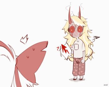 2girls aroused blonde_hair blush bulge charlie_morningstar chibi circle_facial_mark colored_sclera commentary cup demon_girl demon_horns demon_tail erection erection_under_clothes full-face_blush futanari hazbin_hotel heart heart_print hellaverse highres horns kazuya_(kozun) long_hair messy_hair mug multiple_girls pajamas red_sclera solo_focus symbol-only_commentary tail vaggie very_long_hair yellow_eyes