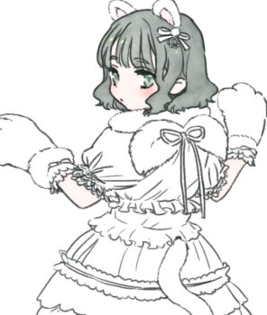 1girl animal_hands blush closed_mouth commentary_request cowboy_shot fake_tail frilled_shirt frills from_behind gloves green_eyes green_hair link!_like!_love_live! looking_at_viewer looking_back love_live! momose_ginko paw_gloves puffy_short_sleeves puffy_sleeves shinanoya_(satanicad) shirt short_sleeves simple_background solo tail virtual_youtuber white_background white_gloves white_shirt white_theme