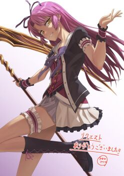 1girl bow commission dress eiyuu_densetsu hair_ribbon holding holding_scythe long_hair looking_at_viewer purple_hair renne_(eiyuu_densetsu) ribbon rourou_ill scythe sen_no_kiseki_(series) simple_background skeb_commission skirt smile solo sora_no_kiseki yellow_eyes