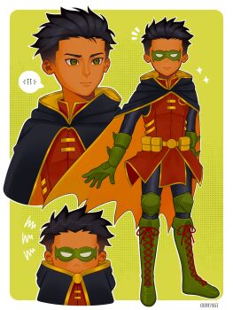 Rule 34 | 1boy, :<, artist name, batman (series), belt pouch, black cape, black hair, boots, cape, cherrsyazz, commentary, damian wayne, dc comics, domino mask, eye mask, gloves, green boots, green eyes, green gloves, highres, knee boots, knee pads, lace-up boots, light smile, male focus, mask, pouch, robin (dc), superhero costume, two-sided cape, two-sided fabric