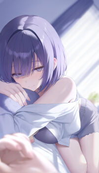 1girl 1other absurdres bare_shoulders bed_sheet blue_eyes blue_hair blurry breasts closed_mouth commentary_request depth_of_field double-parted_bangs gakuen_idolmaster grey_shorts hair_intakes hataya_misuzu hibimaru highres idolmaster indoors looking_at_viewer mole mole_under_mouth on_bed pov pov_hands short_hair short_shorts shorts smile thighs