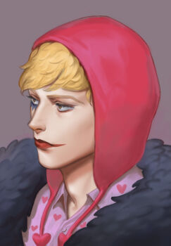 1boy blonde_hair collared_shirt donquixote_rocinante expressionless eyelashes facepaint grey_background hat heart heart_print highres lipstick looking_ahead makeup male_focus one_piece shirt simple_background solo vanishonichka