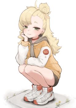 1girl arm_on_own_leg black_shorts blonde_hair blush closed_mouth collar commentary earrings english_commentary flower grey_hoodie hair_ornament hand_on_own_chin highres hood hoodie jacket jewelry legs_together long_hair looking_at_viewer nullkurage orange_jacket piper_wheel red_collar shoes short_eyebrows shorts smile sneakers solo squatting thick_eyebrows white_background white_shoes white_sleeves yellow_flower zenless_zone_zero