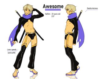1boy awesome_(nifast_(greentail)) belt black_shrug character_age character_name character_profile character_pronouns full_body fur_scarf grin height highres katana latex male_focus male_swimwear mole mole_on_stomach navel nifast_(greentail) open-toe_shoes original reference_sheet shrug_(clothing) smile snakebite_(piercing) standing swim_briefs sword thighhighs toes weapon white_background