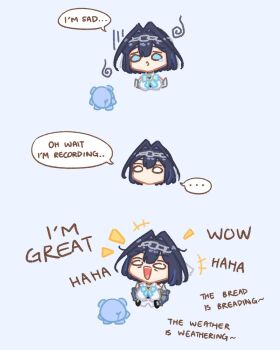 +++ 1girl blue_eyes blue_hair bow chain commentary english_commentary english_text gloom_(expression) hair_intakes hairband highres hololive hololive_english kronie_(ouro_kronii) laughing ouro_kronii ouro_kronii_(1st_costume) sappysque short_hair tears virtual_youtuber