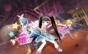 3d 3girls angel_wings animal_bag animal_print aqua_hair aqua_pantyhose aqua_shoes aqua_skirt arm_warmers artist_request back_bow backpack bag bandaid bandaid_on_knee bandaid_on_leg bare_arms bat_wings bird black_hair black_pantyhose blonde_hair boots bow bow_hairband bowtie brooch card_commentary checkered_bow checkered_clothes checkered_hat choker closed_mouth collar commentary cross-laced_clothes cross-laced_dress detached_collar determined donut dot_nose dress dress_bow drill dutch_angle emphasis_lines expressionless eyes_visible_through_hair fake_wings fighting_stance food food-themed_choker footwear_bow frilled_dress frilled_skirt frilled_wrist_cuffs frills full_body game_asset green_eyes hachikuji_mayoi hair_bow hair_ornament hairband hairclip happy hat hat_bow high-waist_skirt high_collar high_heels highres holding holding_wand jewelry knees large_bag leaning_forward light_blush light_frown light_particles long_hair loose_thighhigh magical_girl mahou_shoujo_madoka_magica mahou_shoujo_madoka_magica_magia_exedra mary_janes medium_dress medium_skirt mini_hat mini_wings monogatari_(series) multiple_girls official_art ononoki_yotsugi open_mouth orange_bow orange_hat oshino_shinobu pantyhose petticoat pink_bag pink_bow pink_dress pink_wrist_cuffs pleated_dress pleated_skirt polka_dot polka_dot_dress print_skirt puffy_short_sleeves puffy_sleeves pumps purple_bow purple_bowtie purple_choker purple_hairband purple_pantyhose purple_wings rabbit_print red_bow red_bowtie red_eyes red_shoes ribbon roller_coaster rubber_boots sand shirt shoes short_sleeves sidelocks skirt skirt_bow sleeveless sleeveless_dress sparkle square_neckline standing star_(symbol) star_hair_ornament straight_hair striped_clothes striped_pantyhose suspender_skirt suspenders tareme thick_eyebrows thighhighs third-party_source twintails two-tone_pantyhose unworn_dress very_long_hair wand white_arm_warmers white_collar white_hairband white_ribbon white_shirt white_sleeves white_thighhighs white_wings winged_boots wings witch's_labyrinth wrist_bow wrist_cuffs yellow_boots yellow_eyes
