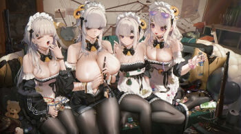 4girls 7.62x54mmr @_@ absurdres ammunition apron assault_rifle axe bare_shoulders bell black_bow black_bowtie black_dress black_pantyhose blood blunt_bangs blush bolt_action bottle bow bowtie breasts bullpup can cat cleavage closed_eyes closed_mouth clothes_lift couch detached_collar detached_sleeves dp-27 dress explosive eyewear_on_head fire_axe frills fully_powered_cartridge glasses grenade grey_eyes grey_hair gun hair_ornament hairclip hand_grenade handgun handgun_cartridge headdress heart heart-shaped_eyewear highres holding holding_bottle holding_can holding_paintbrush huge_breasts indoors large_breasts light_machine_gun long_hair looking_at_viewer machine_gun magazine_(weapon) maid maid_apron maid_headdress medium_breasts mole mosin-nagant multiple_girls nagant_m1895 nail_polish neck_bell no_bra no_shoes on_couch open_mouth original paintbrush panties pantyhose piercing pistol_cartridge ppsh-41 purple_eyes revolver rgd-5 rifle rifle_cartridge scrunchie sitting skirt skirt_lift slit_pupils small_breasts smile sniper_rifle stuffed_animal stuffed_toy submachine_gun sunglasses teddy_bear tongue tongue_out tongue_piercing underwear uybh waist_apron weapon when_you_see_it white_apron white_hair yawning