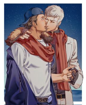 Rule 34 | 2boys, backwards hat, baseball cap, belt, belt buckle, black belt, black gloves, black hair, black shirt, blazer, blue hat, blue jacket, buckle, chinese commentary, closed eyes, cross, cross necklace, dress shirt, facial hair, fur-trimmed jacket, fur trim, gloves, goatee, goatee stubble, hat, highres, holding hands, imminent kiss, iori junpei, jacket, jewelry, long sleeves, looking at another, male focus, multiple boys, necklace, night, oldkin, pants, persona, persona 3, persona 4: the ultimate in mayonaka arena, red scarf, sanada akihiko, scarf, shirt, shirt tucked in, short hair, stubble, white hair, white jacket, white pants, white shirt, yaoi