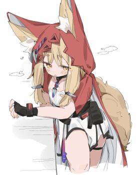 1girl animal_ear_fluff animal_ears arknights black_gloves blonde_hair blush bright_pupils cape commentary_request dress ears_through_headwear fingerless_gloves gloves highres hood hooded_cape jewelry low-tied_sidelocks necklace open_mouth rossi_(arknights) sidelocks tail tntl_nemui tooth_necklace white_background white_dress wolf_ears wolf_girl wolf_tail yellow_eyes