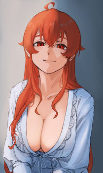 Rule 34 | 1girl, ahoge, breasts, cleavage, closed mouth, collarbone, commentary, crossed bangs, downblouse, eris greyrat, gradient background, grey background, hair between eyes, highres, kurogoma183, large breasts, long hair, long sleeves, looking at viewer, mushoku tensei, nightgown, official alternate costume, red eyes, red hair, smile, solo, upper body, white nightgown