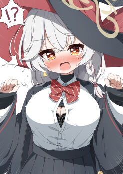 !? 1girl blue_archive blush bow bra braid breasts button_gap collared_shirt eri_(blue_archive) g4ku hat highres large_breasts open_mouth popped_button red_bow shirt skirt solo symbol-shaped_pupils underwear white_shirt witch_hat