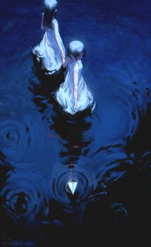 Rule 34 | 2girls, dress, highres, holding hands, long hair, multiple girls, original, paper airplane, ripples, ryane (yry 0), short hair, signature, sleeveless, sleeveless dress, string, string of fate, twitter username, wading, water, white dress