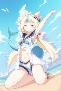 Rule 34 | 1girl, absurdres, ahoge, animal ear fluff, animal ears, barefoot, beach, blonde hair, blue eyes, blue sailor collar, blue sky, blush, brooch, buttons, cat ears, cloud, cloudy sky, crown (symbol), dress, fins, fish tail, highres, indie virtual youtuber, jewelry, kneeling, lifebuoy hair ornament, long hair, looking at viewer, low twintails, multicolored hair, nonsal (pix62364634), one eye closed, open clothes, open dress, outdoors, sailor, sailor collar, sameko saba, shorts, sky, smile, solo, streaked hair, tail, twintails, very long hair, virtual youtuber, white dress, white shorts