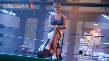 2girls 3d animated animated_gif ass blonde_hair breasts brown_hair cassie_cage catfight cleavage crossover dead_or_alive dead_or_alive_5 defeat dominance domination dominatrix femdom fight fighting held_down human_chair human_furniture kazama_asuka midriff mortal_kombat_(series) multiple_girls pinned ponytail restrained ryona sexually_suggestive shoes short_hair shorts sitting sitting_on_person smirk sneakers sports_bra submission_hold tekken tekken7wallpapers tekken_7 tina_armstrong wrestling wrestling_ring yuri