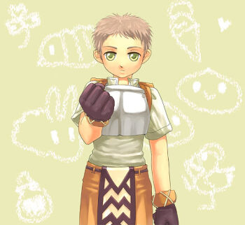 Rule 34 | 1boy, armor, breastplate, brown gloves, brown hair, brown shorts, child's drawing, clenched hand, closed mouth, commentary request, cowboy shot, dated commentary, expressionless, gloves, green background, green eyes, grey shirt, looking at viewer, lowres, male focus, novice (ragnarok online), oomojiya, ragnarok online, shirt, short bangs, short hair, shorts, solo