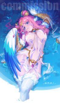 absurdres bird_legs blue_eyes blue_feathers blue_wings blush breasts commentary commission double_bun english_commentary facial_tattoo feathered_wings feathers gradient_wings hair_bun harpy highres jewelry lason long_hair looking_at_viewer medium_breasts monster_girl multicolored_wings original parted_lips pink_hair tattoo thighhighs water white_feathers white_thighhighs winged_arms wings