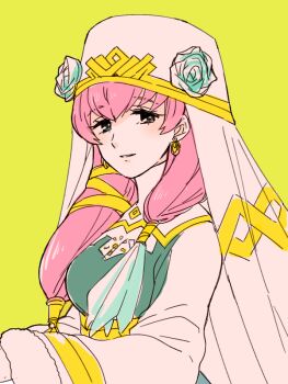 1girl aqua_dress commentary_request dress earrings fire_emblem fire_emblem_heroes fur-trimmed_sleeves fur_trim green_background green_eyes grin gunnthra_(fire_emblem) hair_ornament hat jewelry long_hair long_sleeves looking_at_viewer nintendo pink_hair saichi_(meme+) simple_background smile solo two-tone_dress veil very_long_hair white_dress white_hat wide_sleeves
