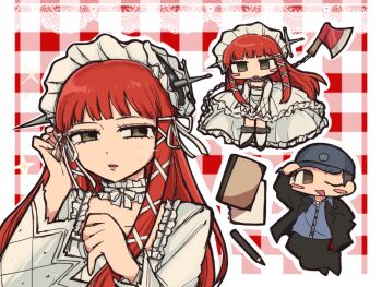 Rule 34 | 1boy, 1girl, axe, baseball cap, black jacket, black pants, blue shirt, blunt bangs, blush stickers, checkered background, chibi, chibi inset, choker, commentary request, dress, frilled choker, frilled hairband, frills, full body, gekkoukan high school uniform, gothic lolita, grey eyes, hair ornament, hair ribbon, hairband, hat, highres, iori junpei, jacket, lolita fashion, long hair, long sleeves, looking at viewer, nl uwu, notebook, one eye closed, open clothes, open jacket, pants, parted lips, pencil, persona, persona 3, red hair, ribbon, school uniform, shirt, sidelocks, upper body, white choker, white dress, white ribbon, wing collar, yoshino chidori