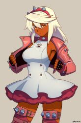Rule 34 | 1girl, absurdres, alternate costume, artist name, blonde hair, bracelet, breasts, brown eyes, collar, collarbone, cosplay, dark-skinned female, dark skin, dress, elphelt valentine, elphelt valentine (cosplay), guilty gear, guilty gear strive, hairband, highres, jewelry, long hair, looking at viewer, medium breasts, ramlethal valentine, simple background, smgold, solo, spiked bracelet, spiked collar, spiked hairband, spiked jacket, spiked thighlet, spikes, thighlet, white dress