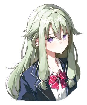 1girl blazer blue_jacket bow bowtie buttons closed_mouth collarbone collared_shirt commentary cropped_torso diagonal-striped_bow diagonal-striped_bowtie diagonal-striped_clothes dress_shirt green_hair hair_between_eyes hair_flaps highres jacket kamiyama_high_school_uniform_(project_sekai) kawana_(spicaboy) kusanagi_nene lapels light_blush long_hair long_sidelocks looking_at_viewer low-tied_sidelocks notched_lapels open_clothes open_jacket project_sekai purple_eyes red_bow red_bowtie school_uniform shirt sidelocks simple_background solo striped_bow striped_bowtie striped_clothes upper_body white_background white_shirt