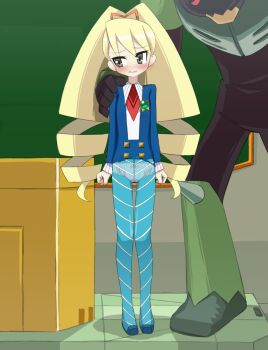 1girl blonde_hair blue_pantyhose blush bow classroom commentary_request drill_hair forced_exposure green_eyes hair_bow hand_on_another's_shoulder jammer_(mega_man) loli long_hair luna_platz_(mega_man) mega_man_(series) mega_man_star_force_(series) panties panties_under_pantyhose pantyhose red_eyes socho4666 striped_clothes striped_pantyhose torn_clothes twin_drills underwear variant_set very_long_hair