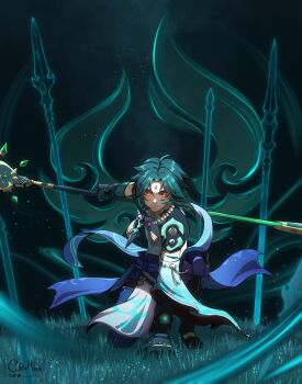 1boy aqua_background aqua_gloves aqua_hair artist_name chaendeulleo commentary genshin_impact gloves highres holding holding_polearm holding_weapon looking_at_viewer male_focus on_grass on_one_knee polearm solo superhero_landing weapon weapon_request xiao_(genshin_impact) yellow_eyes