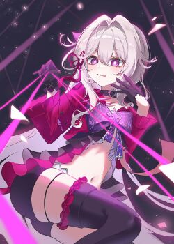 1girl :p absurdres black_choker black_gloves black_shorts bow bright_pupils chest_bow choker commentary feet_out_of_frame foot_up frilled_thighhighs frills gloves hair_intakes highres holding holding_string honkai_(series) honkai_impact_3rd horns jacket long_hair midriff navel purple_bow purple_eyes red_jacket short_shorts shorts single_horn smile solo string thelema_nutriscu thelema_nutriscu_(mad_pleasure:_shadowbringer) thighhighs tongue tongue_out very_long_hair white_hair white_pupils yoonsa