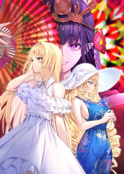 2girls bare_shoulders blonde_hair blue_dress blue_eyes blue_flower blue_gemstone breasts brown_eyes commentary_request crossdressing crossdressing_(mtf) danshi_kinsei_game_sekai_de_ore_ga_yarubeki_yuiitsu_no_koto_yuri_no_ma_ni_hasamaru_otoko_to_shite_tensei_shite_shimaimashita dress floral_print floral_print_dress flower folding_fan gem grin hair_flower hair_ornament haishiki hand_fan hat highres hirabitai holding holding_fan holding_flower japanese_clothes jewelry kanzashi karaginu_mo kimono large_breasts layered_kimono long_hair multiple_girls multiple_piercings nanatsubaki_(yurihasa) necklace ophelia_von_margeline pointy_ears print_dress print_kimono purple_eyes purple_hair ringlets sanjou_hiiro smile sundress very_long_hair white_dress white_hat wings