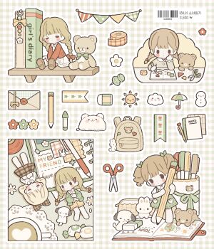Rule 34 | 5girls, backpack, bag, blonde hair, blunt bangs, blush stickers, book, bookshelf, bow, braid, brown bow, brown eyes, brown shoes, brown skirt, bunting, candy, center-flap bangs, checkered background, chibi, chibi only, closed eyes, closed mouth, cloud, coffee, coffee mug, collared shirt, crayon, cup, curly hair, daisy (flower), diary, doily, dot mouth, dress, english text, eraser, expressionless, flower, food, hair bow, hair ornament, hairclip, hand on own cheek, hand on own face, hand on own stomach, highres, hinnya72, holding, holding pencil, jacket, korean text, lace, letter, long hair, looking at another, looking to the side, low twin braids, lying, marker, mechanical pencil, medium hair, mini person, minigirl, mug, multiple girls, on back, on shelf, open book, open clothes, open jacket, original, outline, own hands together, pastel colors, pencil, pencil case, peter pan collar, plaid clothes, plaid skirt, pushpin, raised inner eyebrows, red bow, red flower, red jacket, ribbon, scissors, shirt, shoes, sitting, skirt, sleeping, snowman, solid oval eyes, sticker, stuffed animal, stuffed dog, stuffed rabbit, stuffed toy, sun, tape, teddy bear, translation request, twin braids, twintails, umbrella, very long hair, white dress, white flower, white outline, white shirt, writing